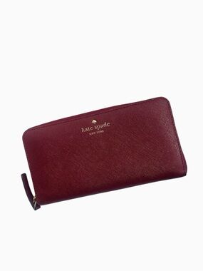 kate spade Burgundy Zip-Around Saffiano Leather Wallet with Gold Logo